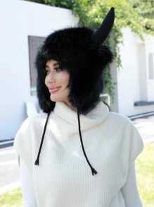 中性動物主題帽,帶耳保暖骷髏帽冬季發熱柔軟蓬鬆毛皮服裝派對萬聖節角色扮演服裝頭飾無邊帽,聖誕生日禮物,水牛,單一尺寸