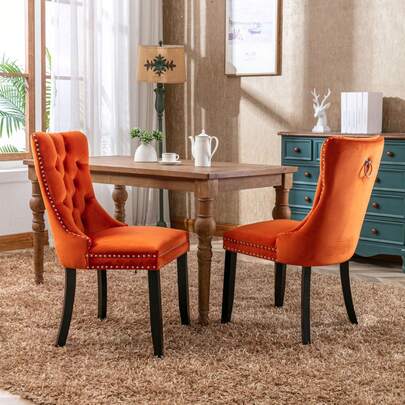 Set Of 2 Contemporary Button Tufted Dining Chairs High-End Velvet Upholstered Dining Chairs With Nailhead Back And Ring Pull Trim Wood Kitchen Chairs For Dining Room