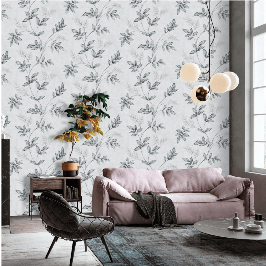 1 卷藍色鄉村風格花卉壁紙,帶復古歐洲浮雕葉子,非常適合臥室客廳酒店裝飾 - 淺灰色 - 查看 1