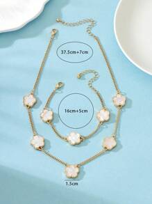 1pc Metal Clover Flower Bracelet & 1pc Necklace Set, Sweet & Lucky - White - View 3