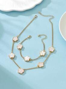 1pc Metal Clover Flower Bracelet & 1pc Necklace Set, Sweet & Lucky - White - View 4