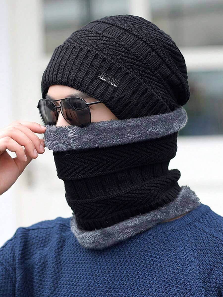 1入組中性冬天豆豆帽和圍巾套裝,適用於戶外運動,購物和工作 - 黑色 - 查看 1