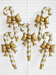5pcs Golden Christmas Candy Cane Striped Balloons With Stick Set, Christmas