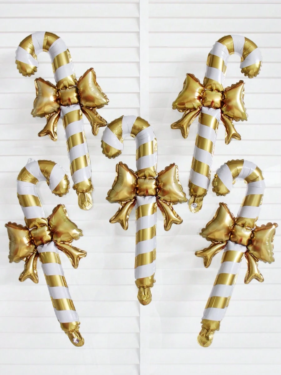 5pcs Golden Christmas Candy Cane Striped Balloons With Stick Set, Christmas
