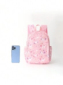 1個女孩獨角獸卡通印花拉鍊式可愛背包,適用於返校日常使用 - 粉色 - 查看 7