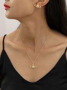 1條人造珍珠項鍊,1條人造珍珠手鍊,1對時尚行星形狀鑲嵌鑽石戒指耳環,1條全鑲嵌鑽石裝飾的星球吊墜項鍊 - 銀色 - 查看 9