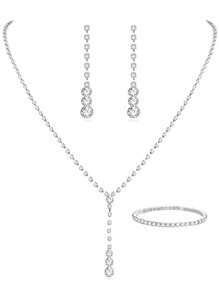 簡約 新娘婚禮水晶項鍊,耳環和手鐲套裝,銀色調,適用於婚禮鑽石項鍊,新娘和伴娘 - 銀色 - 查看 1