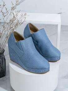 Women's Round Toe Wedge Heel Embroidered High Vamp Shoes - Baby Blue - View 6