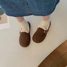 女士加厚絨面滑步鞋,厚實柔軟底部,保暖舒適,流行秋冬平底鞋 - 咖啡棕 - 查看 3