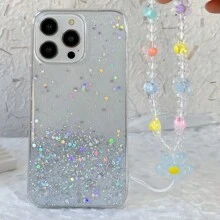 1pc New Anti-fall Starry Sky Glitter Diy Colorful Flower Rope Tpu Dropproof Case With Strap For Women Compatible With Iphone, Samsung, Oppo And Other Android Phones - White - View 2