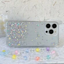 1pc New Anti-fall Starry Sky Glitter Diy Colorful Flower Rope Tpu Dropproof Case With Strap For Women Compatible With Iphone, Samsung, Oppo And Other Android Phones - White - View 6