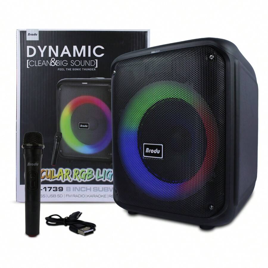 Bocina Inalambrica Dynamic 8 inch Subwoofer Circular RGB con luces y Microfono - Negro - Ver 1