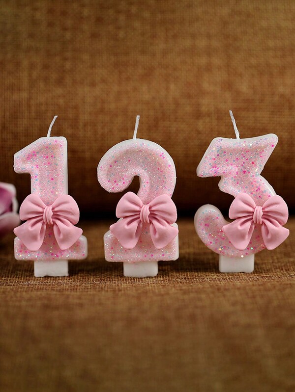 1pc Creative Number Candle With Pink Bow & Butterfly Decoration For Girls' Birthday Cake, Party Decor Candle