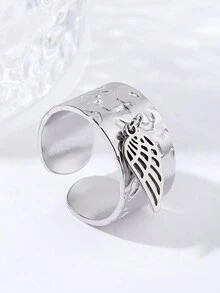 1pc Minimalist Wing Design Titanium Steel Adjustable Ring With Pendant - Silver - View 2