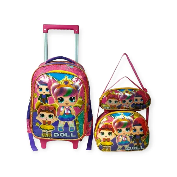 Kit Mochila De Rodinhas Escolar Menina Doll Reforçada