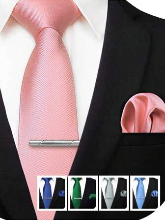3 件/套男士經典 3.1 英寸(8 厘米)淺粉色真絲領帶,帶口袋方巾和領帶夾,適合學校、婚禮、派對、畢業典禮和正式商務場合