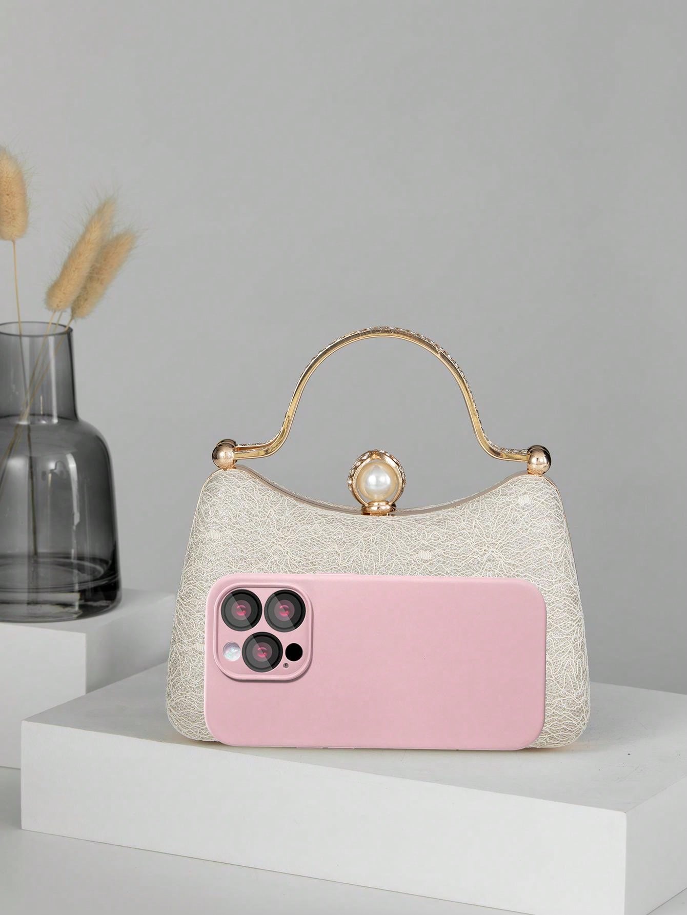 ゴージャスなエレガントなレースパール＆ラインストーン装飾のクラッチバッグ、宴会や結婚式に最適 SHEIN JAPAN