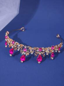 1pc Bridal Simple & Delicate Rose Red Alloy Crown With Rhinestones For Wedding, Prom Tiaras - Hot Pink - View 3
