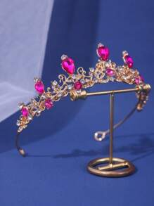 1pc Bridal Simple & Delicate Rose Red Alloy Crown With Rhinestones For Wedding, Prom Tiaras - Hot Pink - View 2