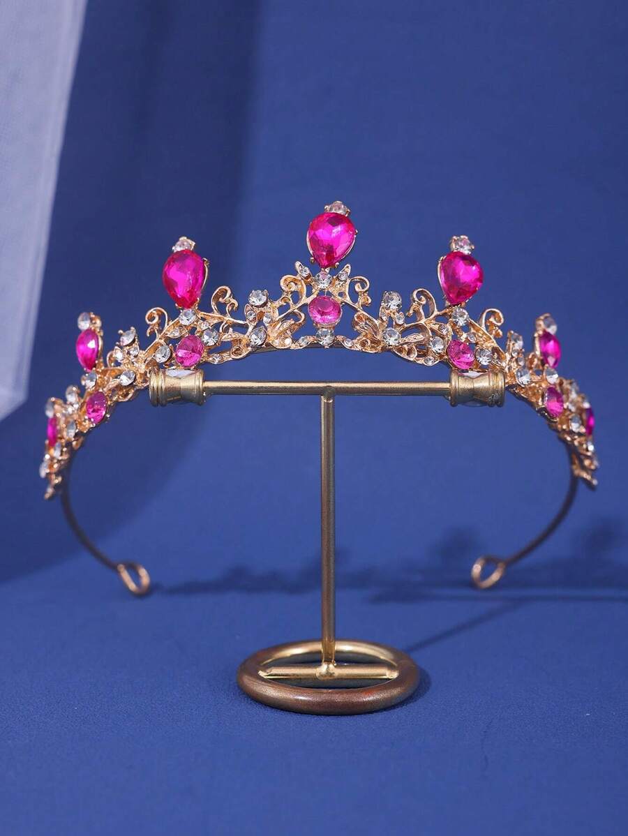1pc Bridal Simple & Delicate Rose Red Alloy Crown With Rhinestones For Wedding, Prom Tiaras - Hot Pink - View 1