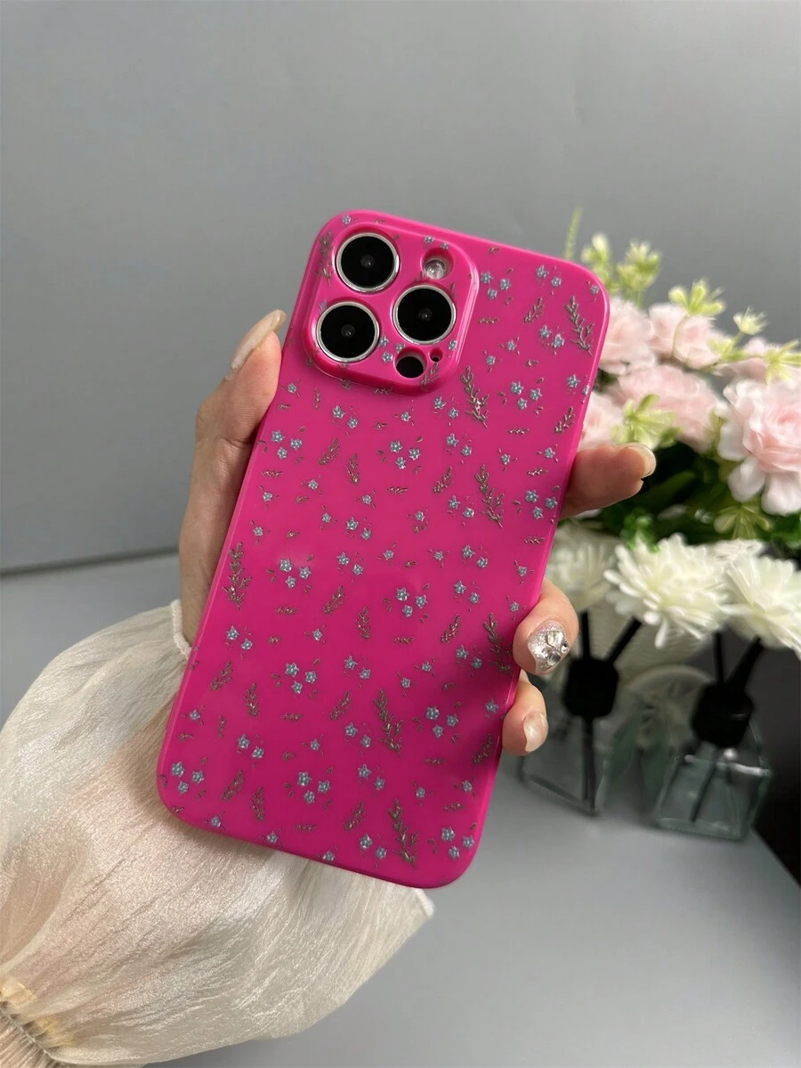 1pc Shockproof Glossy Tpu Painted Floral Printed Phone Case In Pink Compatible With Iphone - Multicolor - View 1