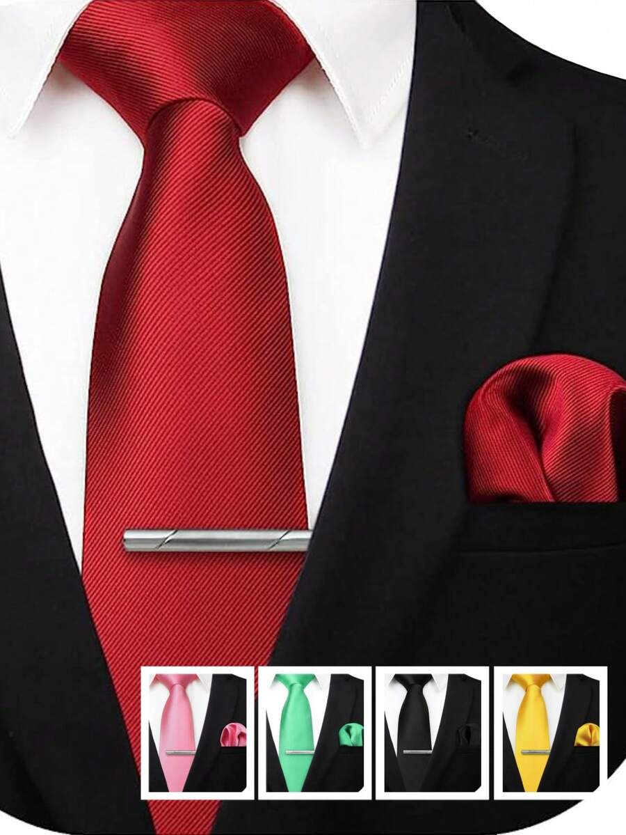 3 件/套男士經典 3.1 英寸(8 厘米)紅色絲綢領帶、口袋方巾和領帶夾,適合學校、婚禮、派對、畢業典禮和正式商務場合。 - 紅色 - 查看 1