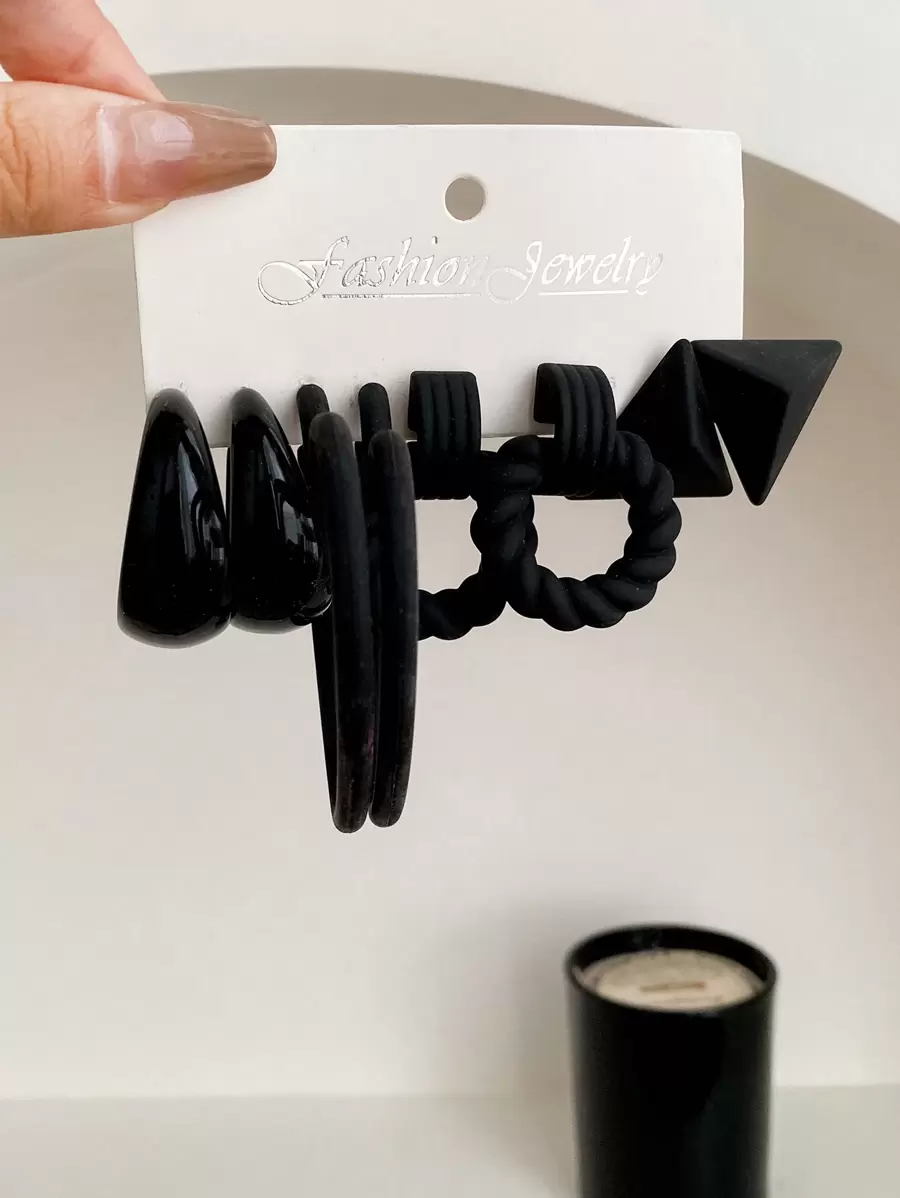 1 Set 4 Pares/set Aretes De Aro Redondos Retorcidos En Tono Negro - Negro - Ver 1