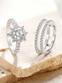 2 件套純銀復古風格立方氧化鋯圓形切割女式永恆戒指套裝,適合日常佩戴、婚禮、訂婚