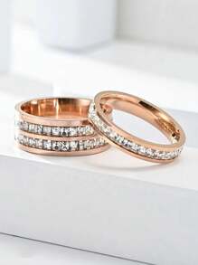 1套2件精美欧美风格方形水钻戒指，满天星，设计感十足，轻盈奢华，适合女性，节日特别佩戴，礼物，情侣水钻戒指，钛钢戒指 - 玫瑰金 - 查看 13
