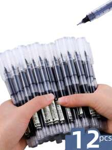 12 支/套超細金融中性筆,帶黑色墨水和筆芯,適合學校、辦公室和考試使用文具 - 黑色 - 查看 2