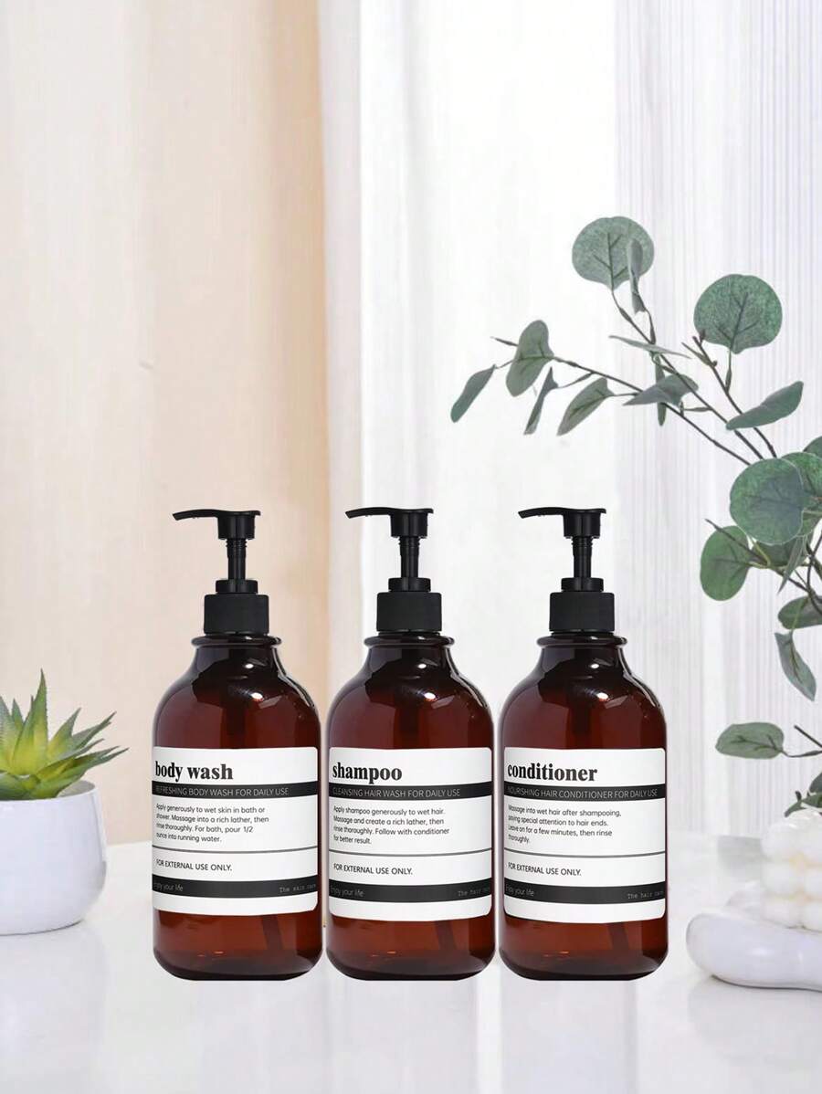 3pcs 500ml Lotion Dispenser With 8pcs Label Sticker, PET Lotion Bottle For Bathroom - Brown - View 1