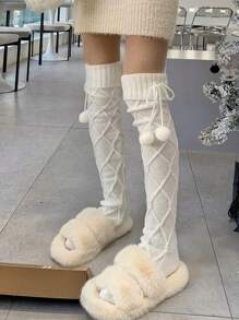 1 雙女用洛麗塔風格長針織襪,帶聖誕球和扭曲圖案,過膝,休閒裝 - 白色 - 查看 2