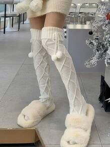 1 雙女用洛麗塔風格長針織襪,帶聖誕球和扭曲圖案,過膝,休閒裝 - 白色 - 查看 3