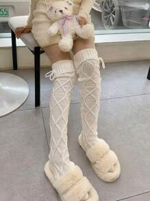 1 雙女用洛麗塔風格長針織襪,帶聖誕球和扭曲圖案,過膝,休閒裝 - 白色 - 查看 8