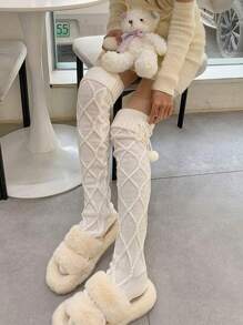 1 雙女用洛麗塔風格長針織襪,帶聖誕球和扭曲圖案,過膝,休閒裝 - 白色 - 查看 6