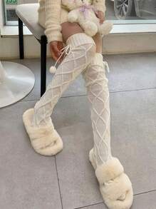 1 雙女用洛麗塔風格長針織襪,帶聖誕球和扭曲圖案,過膝,休閒裝 - 白色 - 查看 7