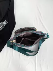 1 件女士复古尼龙面料彩色印花拼色斜挎包，配宽肩带，多口袋单肩包，彩色钱包，女士 - 軍綠色 - 查看 7