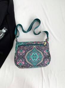 1 件女士复古尼龙面料彩色印花拼色斜挎包，配宽肩带，多口袋单肩包，彩色钱包，女士 - 軍綠色 - 查看 6