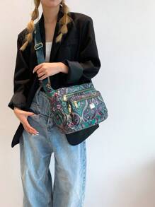 1 件女士复古尼龙面料彩色印花拼色斜挎包，配宽肩带，多口袋单肩包，彩色钱包，女士 - 軍綠色 - 查看 3