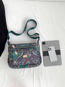 1 件女士复古尼龙面料彩色印花拼色斜挎包，配宽肩带，多口袋单肩包，彩色钱包，女士 - 軍綠色 - 查看 5