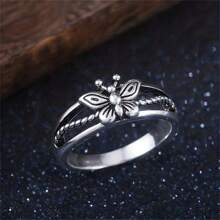 1 件復古創意蝴蝶形女士戒指,適合婚禮和派對的時尚珠寶禮物 - 復古銀色 - 查看 5