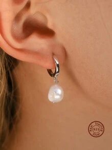 1 對優雅 925 銀天然巴洛克淡水珍珠吊墜耳環適合女士日常佩戴