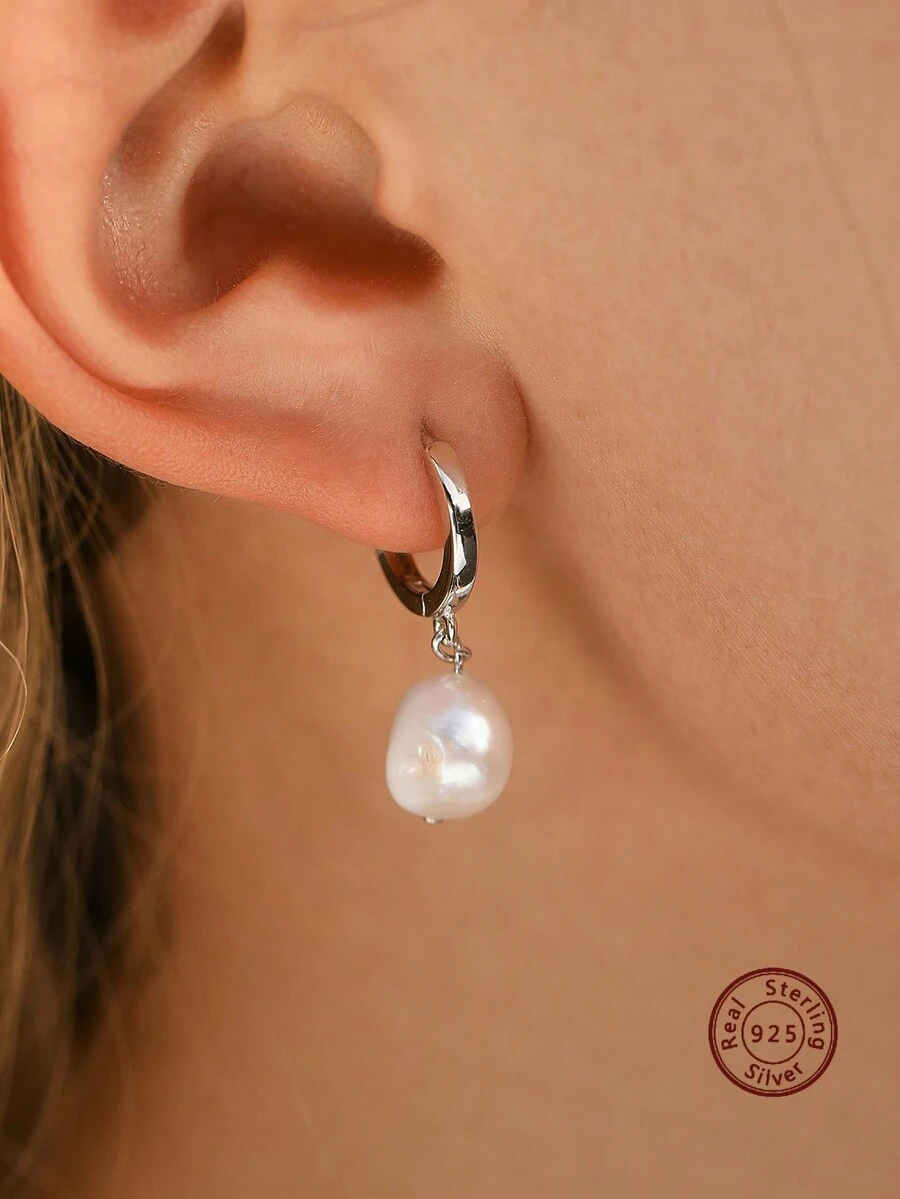 1 對優雅 925 銀天然巴洛克淡水珍珠吊墜耳環適合女士日常佩戴