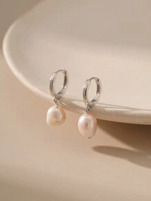 1 對優雅 925 銀天然巴洛克淡水珍珠吊墜耳環適合女士日常佩戴