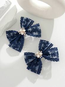 2个/套 蝴蝶形青少年发夹 - 藏蓝色 - 查看 1