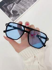 1pc Women's Korean Style Retro Fashion Glasses, Black Frame With Blue Lenses Shades Beach Accessories - Black - View 1
