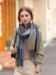 1條女士大碼格紋多色流蘇細節仿羊絨保暖時尚圍巾披肩,適合日常穿著 - 彩色 - 查看 1