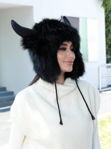 中性動物主題帽,帶耳保暖骷髏帽冬季發熱柔軟蓬鬆毛皮服裝派對萬聖節角色扮演服裝頭飾無邊帽,聖誕生日禮物,水牛,單一尺寸