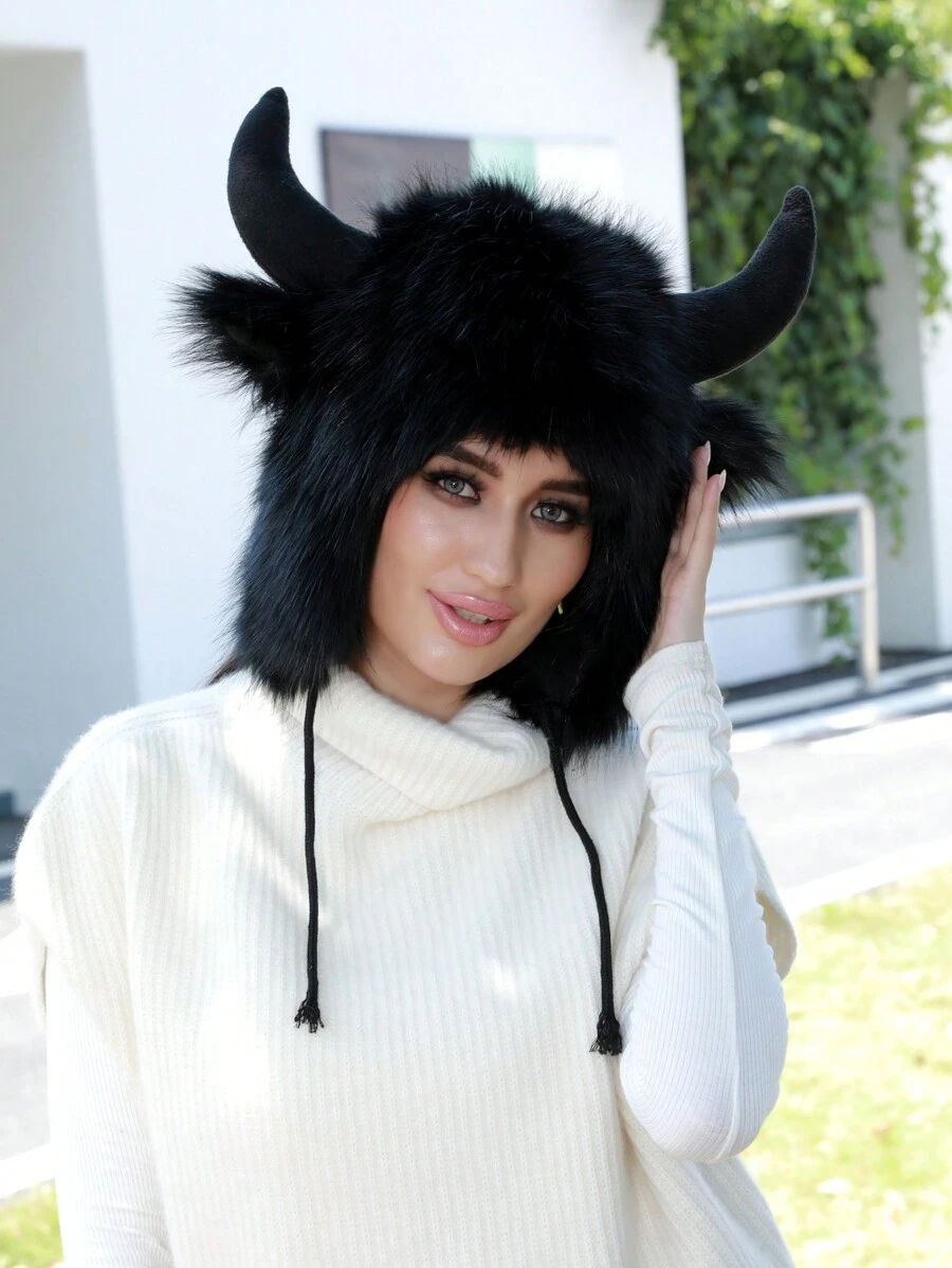 中性動物主題帽,帶耳保暖骷髏帽冬季發熱柔軟蓬鬆毛皮服裝派對萬聖節角色扮演服裝頭飾無邊帽,聖誕生日禮物,水牛,單一尺寸