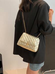 Stitching Metallic Glossy Flap Crossbody Bag
